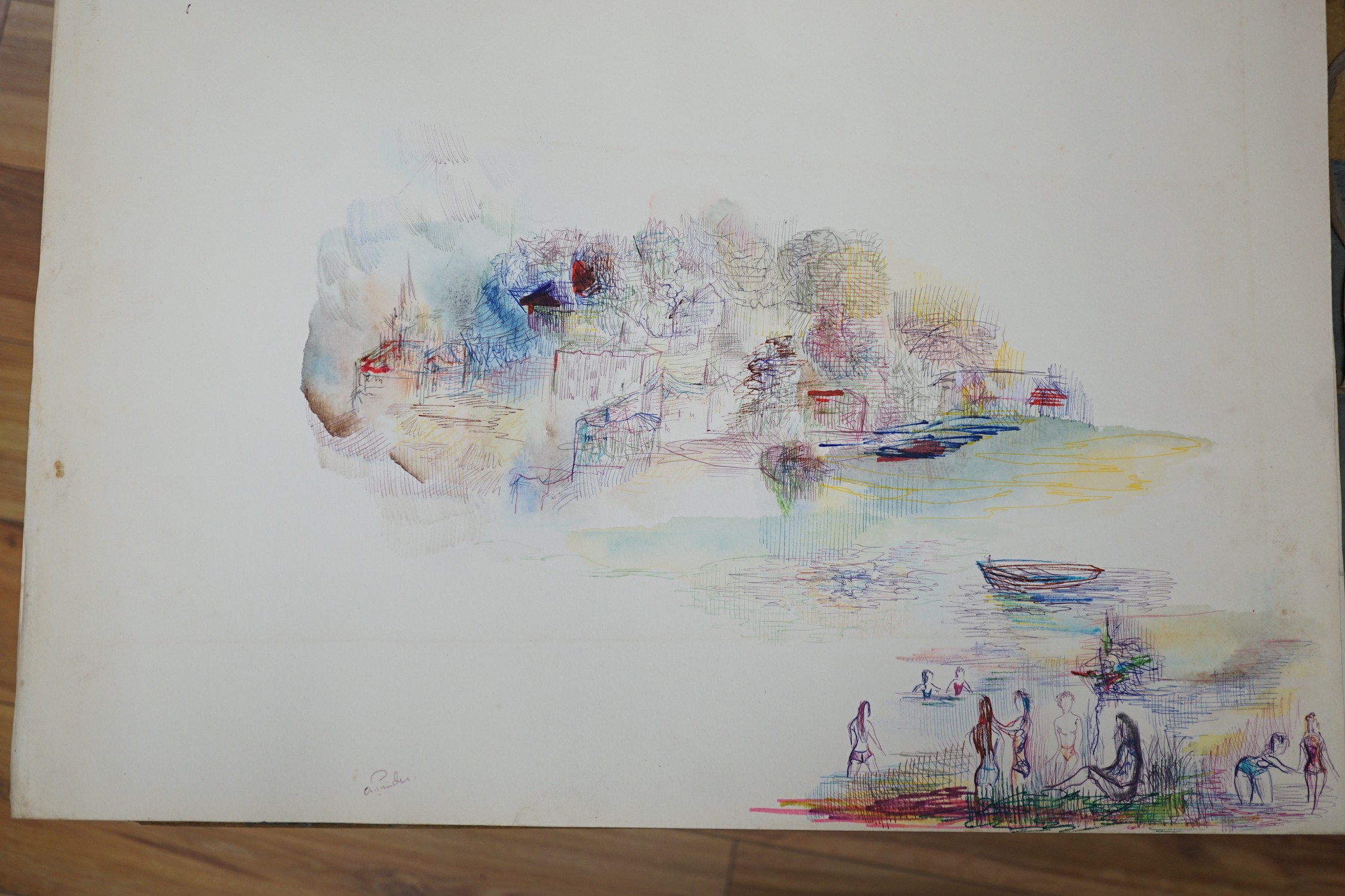 Pinder, folio of assorted ink and watercolour drawings, Figure studies and landscapes, largest 38 x 56cm